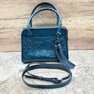 Patricia Nash Satchel Womens Bag In Rose Tooled Leather Teal Blue Tassel Strap